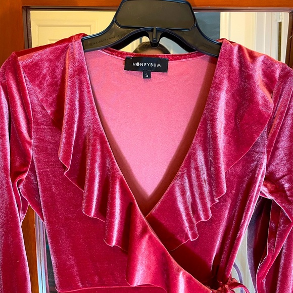 HONEYBUM VELVET LONGSLEEVE RUGFLE WRAP DRESS - Picture 2 of 6